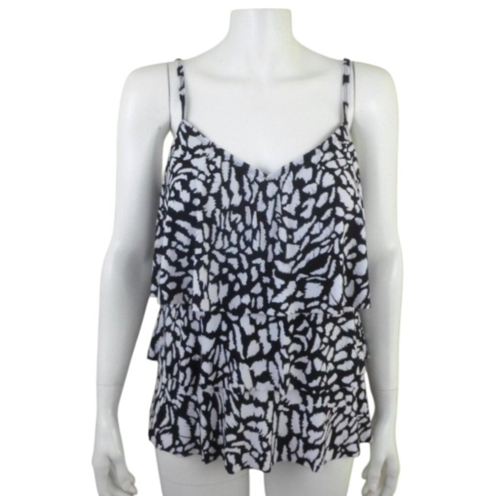American Beach Black White Print Triple Tier Tankini Swim Top